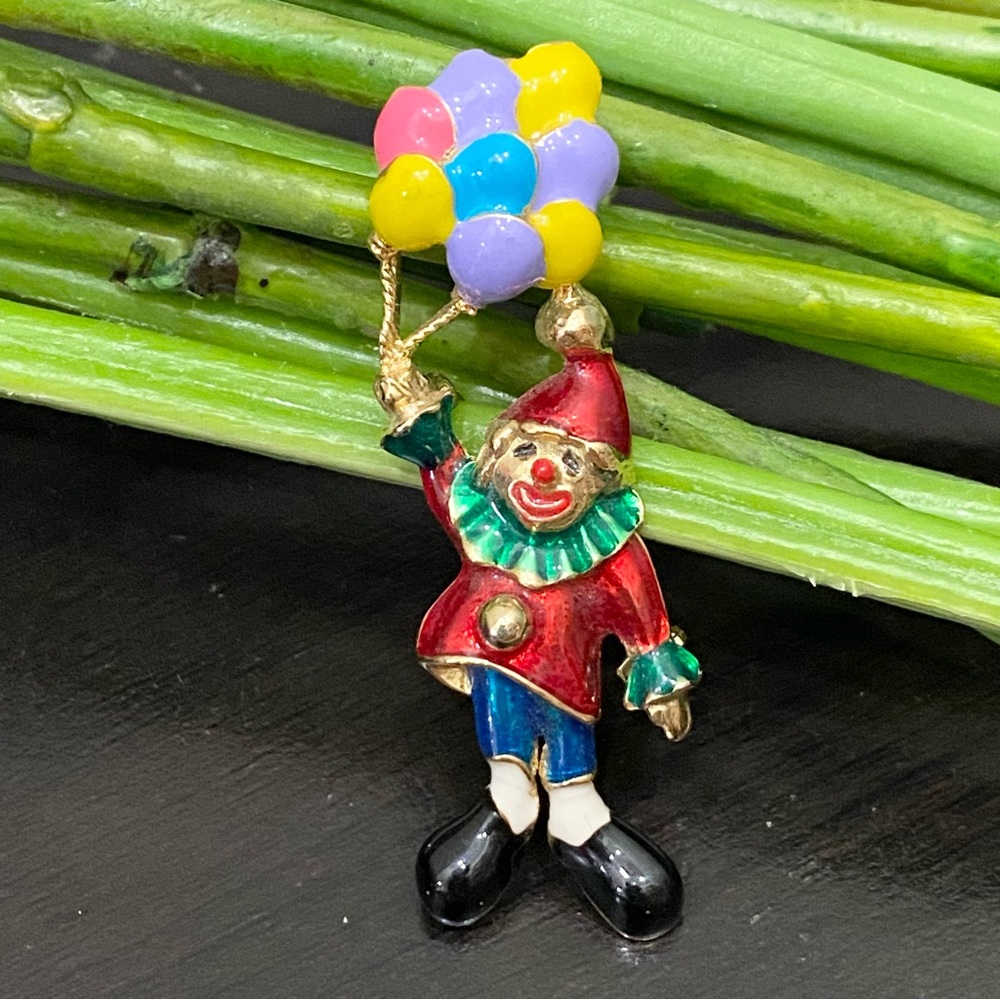 Unsigned Enamel Clown with Balloons Brooch New (Old Stock)